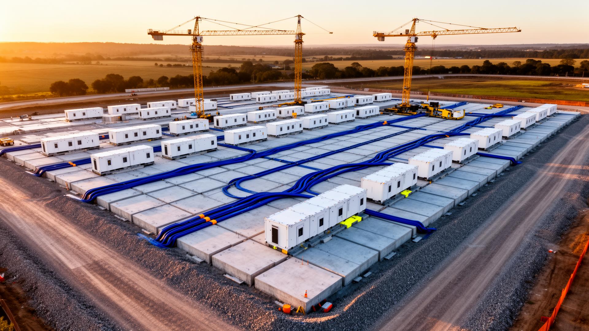 Aerial view of an AI data center campus under construction at golden hour with modular halls and tower cranes