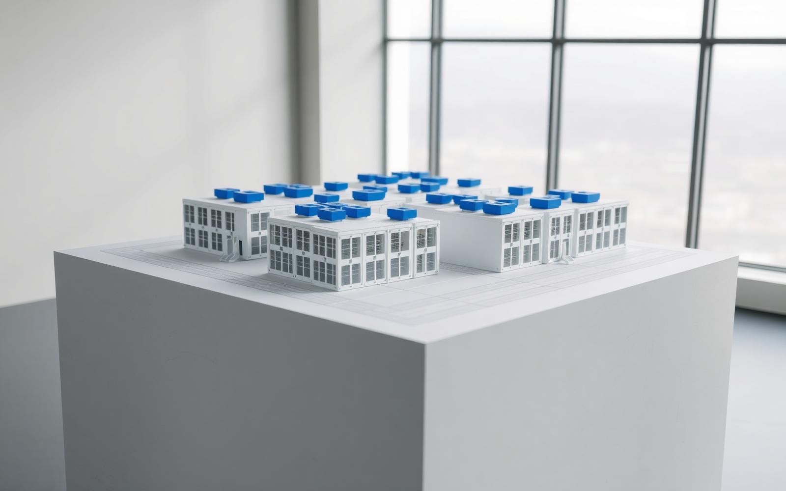 Scale model of a modular data center campus on a white plinth, representing the digital twin