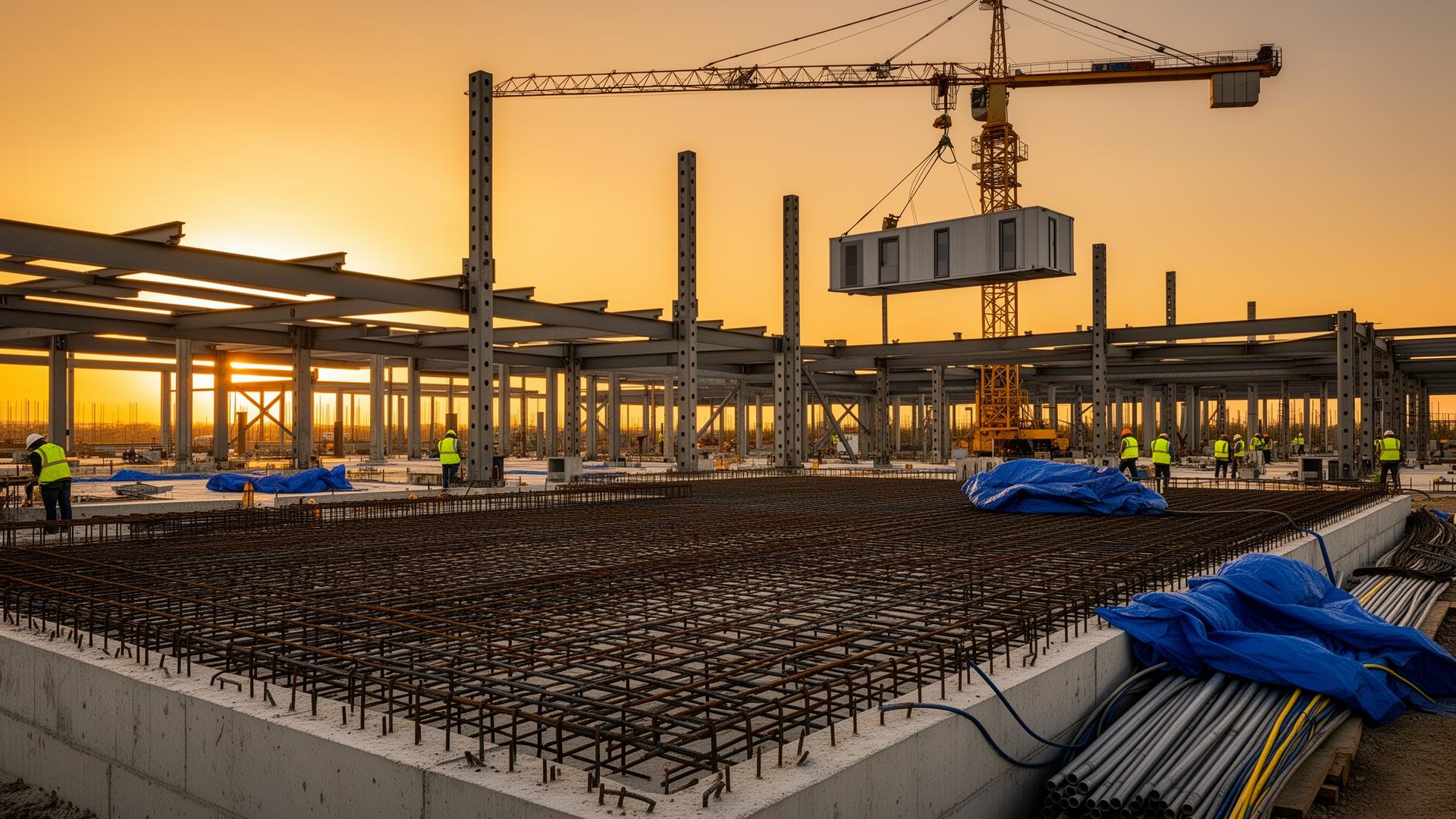 Concrete foundation pad with rebar grid and rising steel structural frame at golden hour