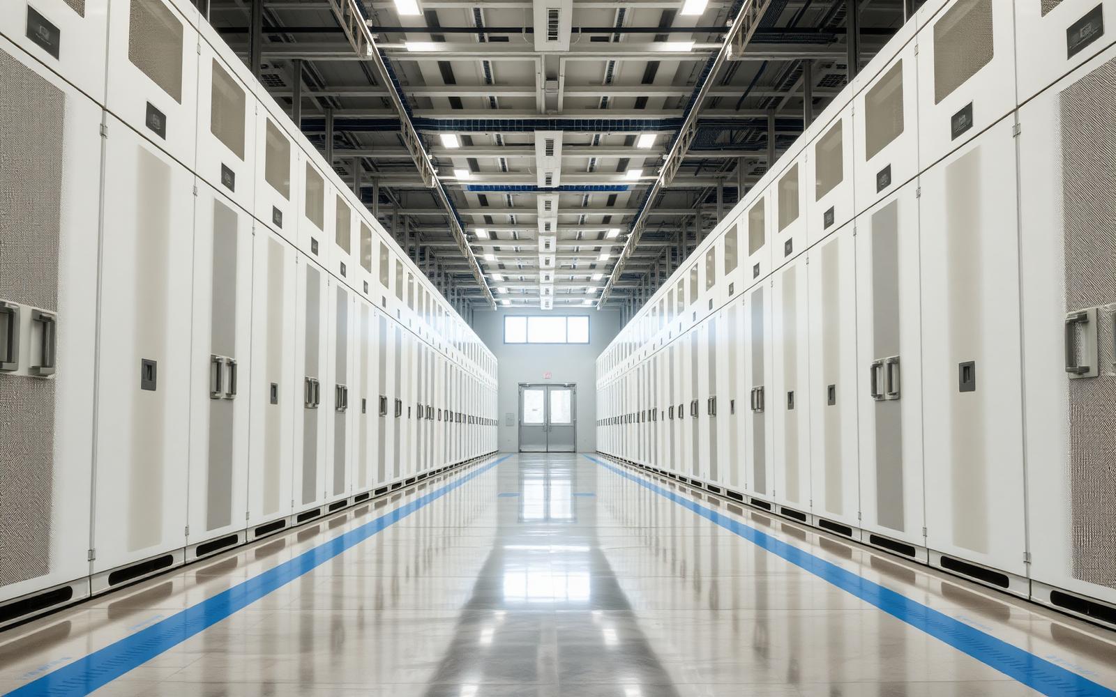 Prefabricated modular data hall corridor, identical enclosures lining a polished concrete aisle