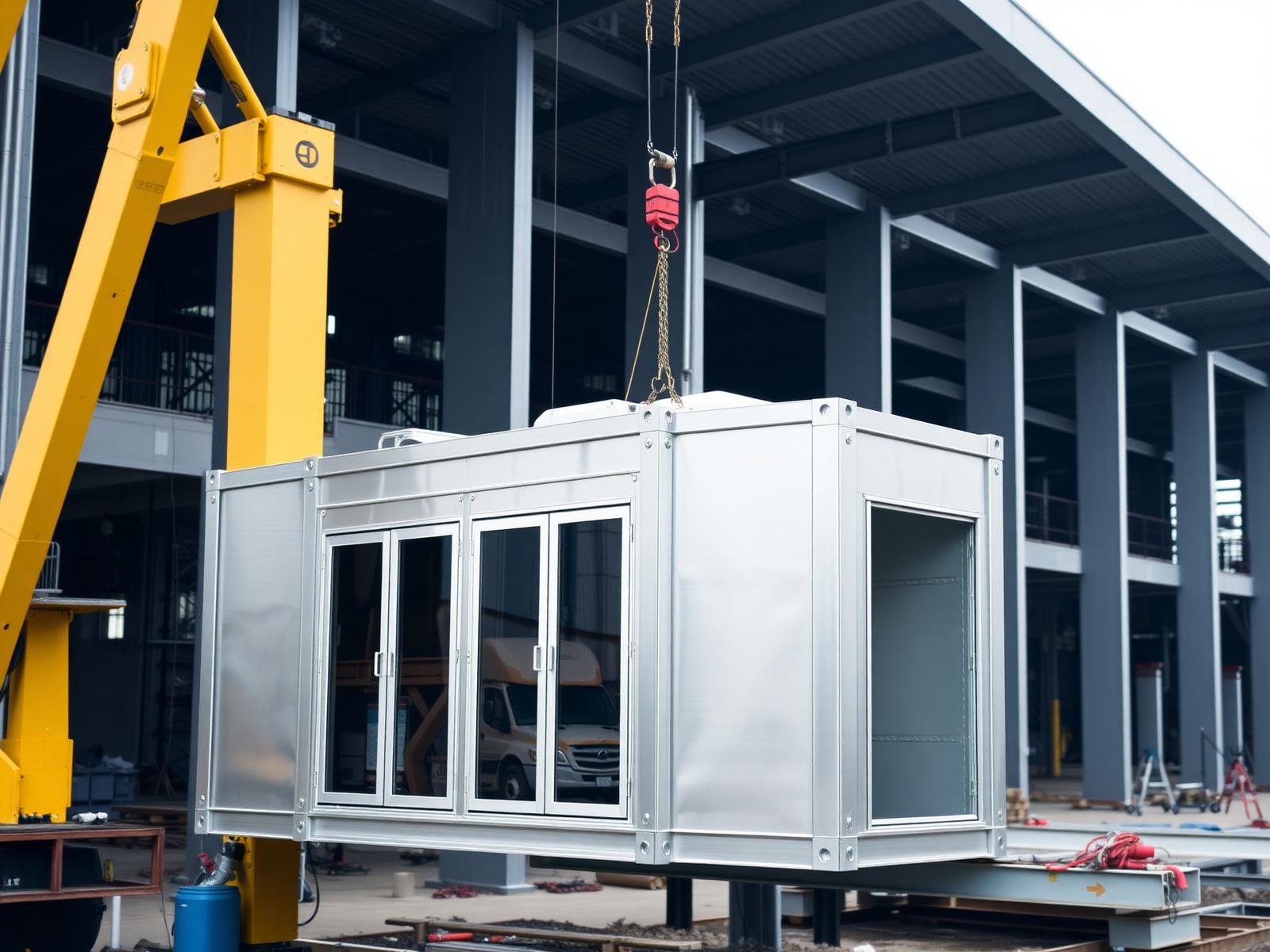 Modular data hall section being lifted into position by a heavy crane